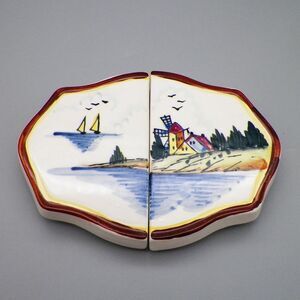 Vintage Fred Roberts Expandable Ceramic Trivet Windmill Sailboats Holland Scene